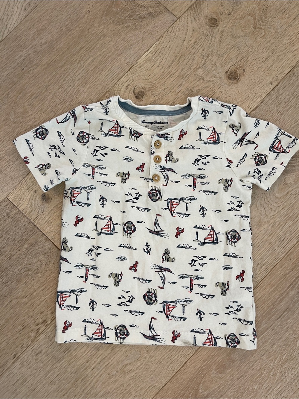 Tommy Bahama Kids Cream Nautical Sailboat Henley Tee with Red & Navy Accents